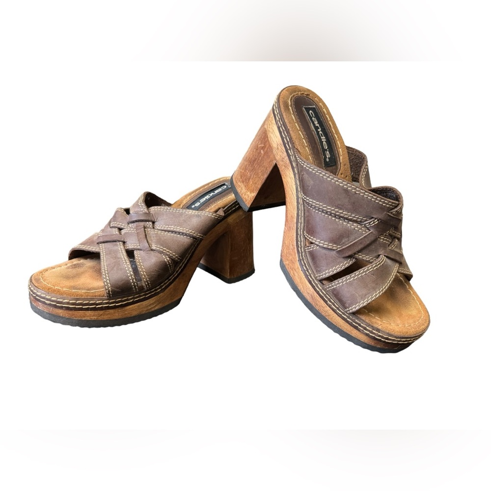 Vtg y2k candie’s boho leather wooden platform clogs sandals heels size 7